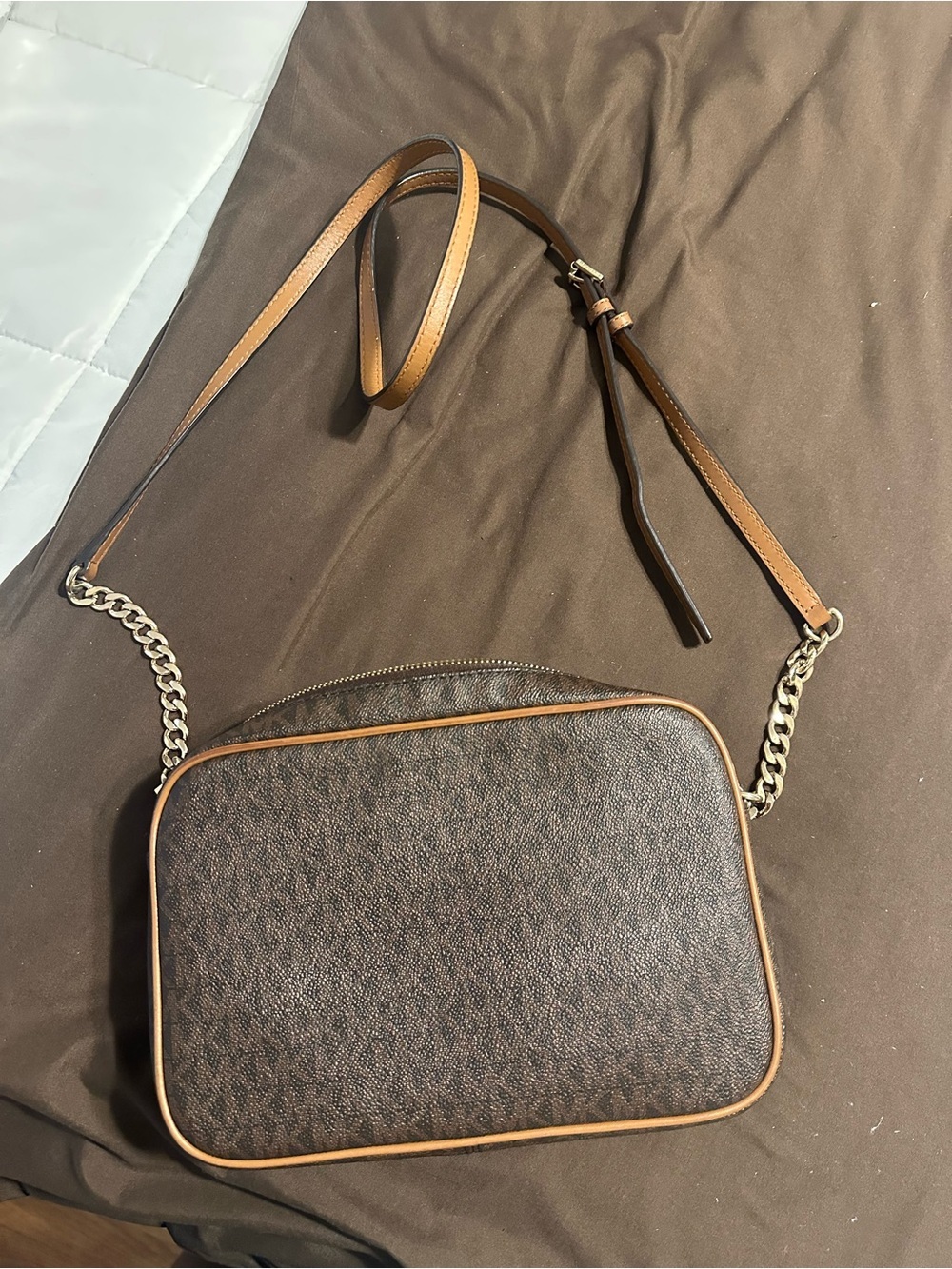 Michael Kors Dark Brown Logo Crossbody with Tan Trim - Picture 2 of 5
